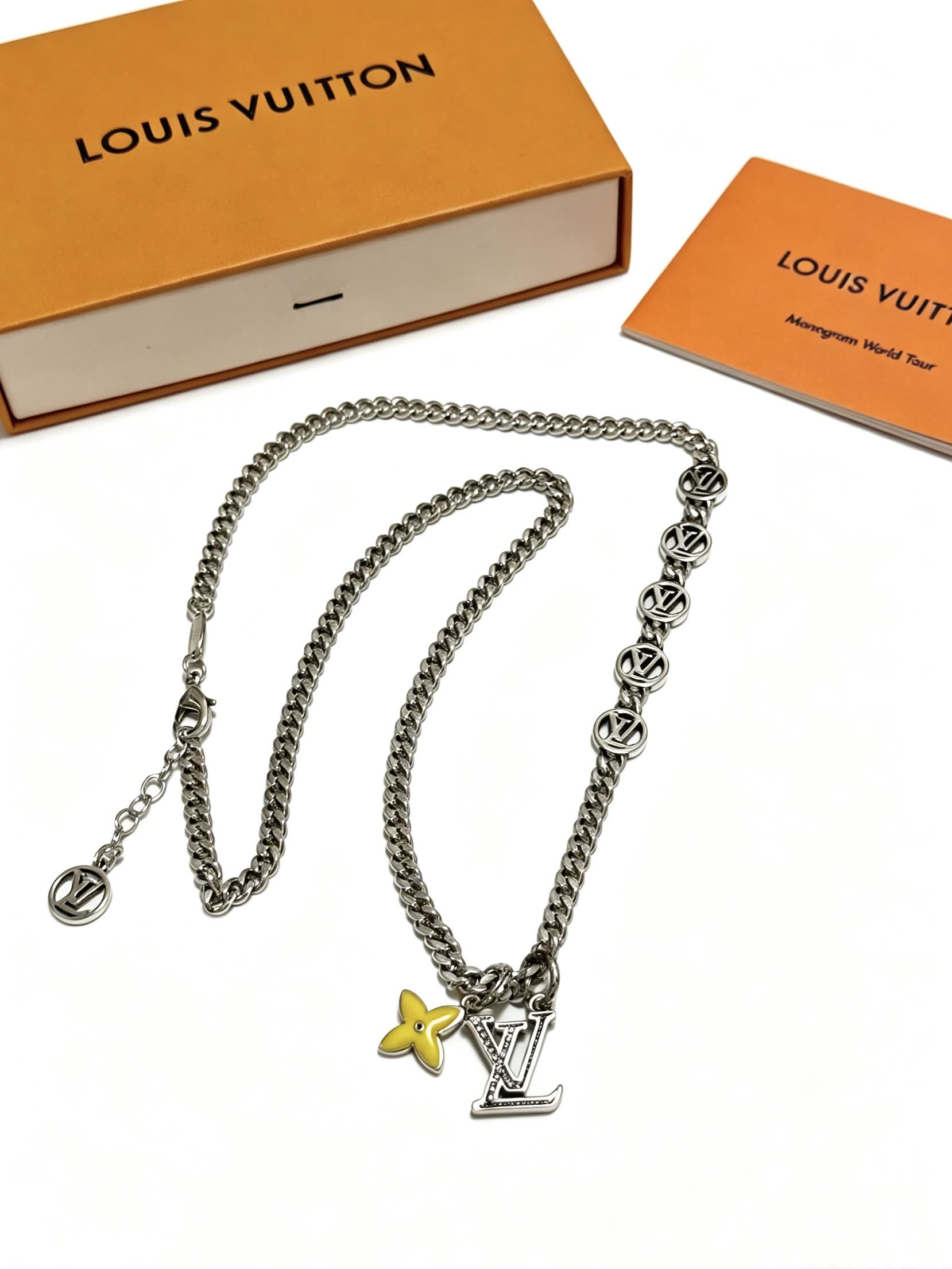 Louis Vuitton Silver Chain Necklace with Monogram and Flower Design